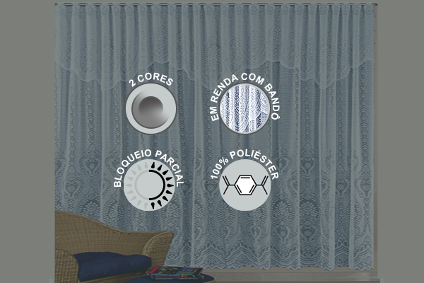 Cortina Elisabeth em Renda com Bandô e Passa Varão 100% Poliéster | Corti Lester