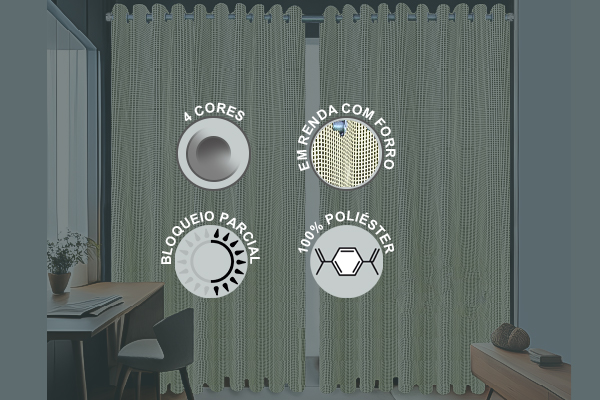 Cortina Prisma Maxx em Renda com Forro e Ilhós Cromado 100% Poliéster | Corti Lester
