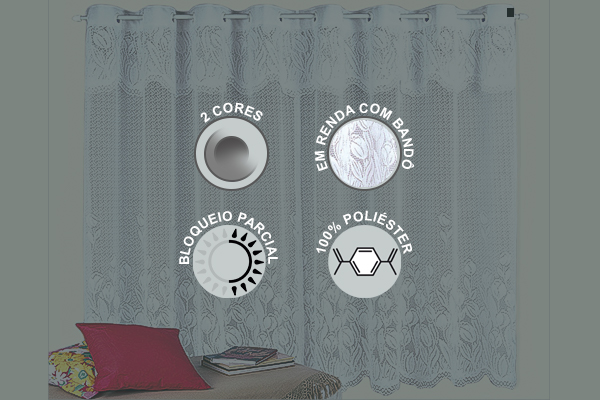 Cortina Tulipas em Renda com Bandô Passa Varão 100% Poliéster | Corti Lester