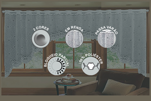 Cortina Cascata Lisa em Renda Passa Varão 100% Poliéster